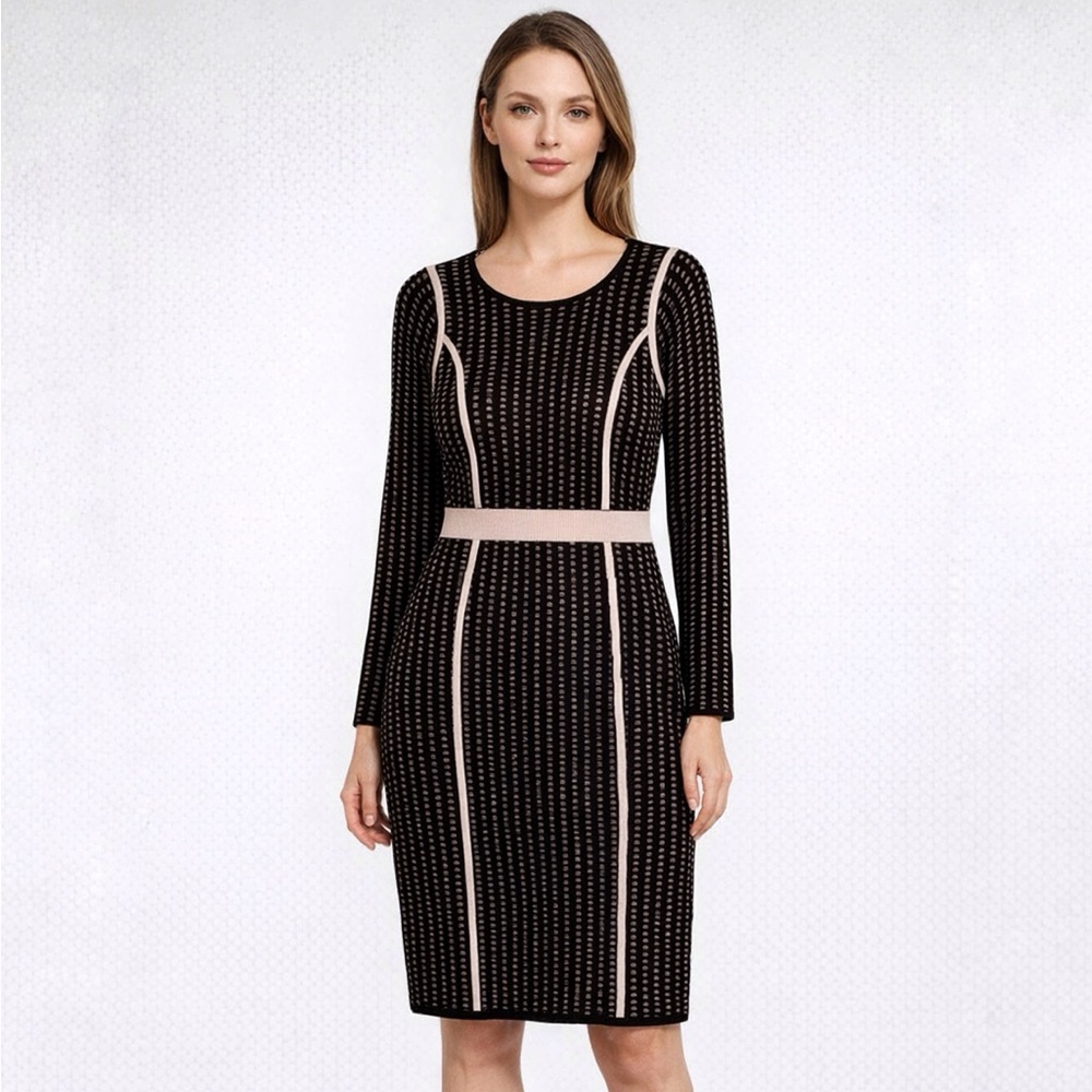 Calvin Klein Blush Pink Black Long Sleeve Midi Sweater Dress Size Medium